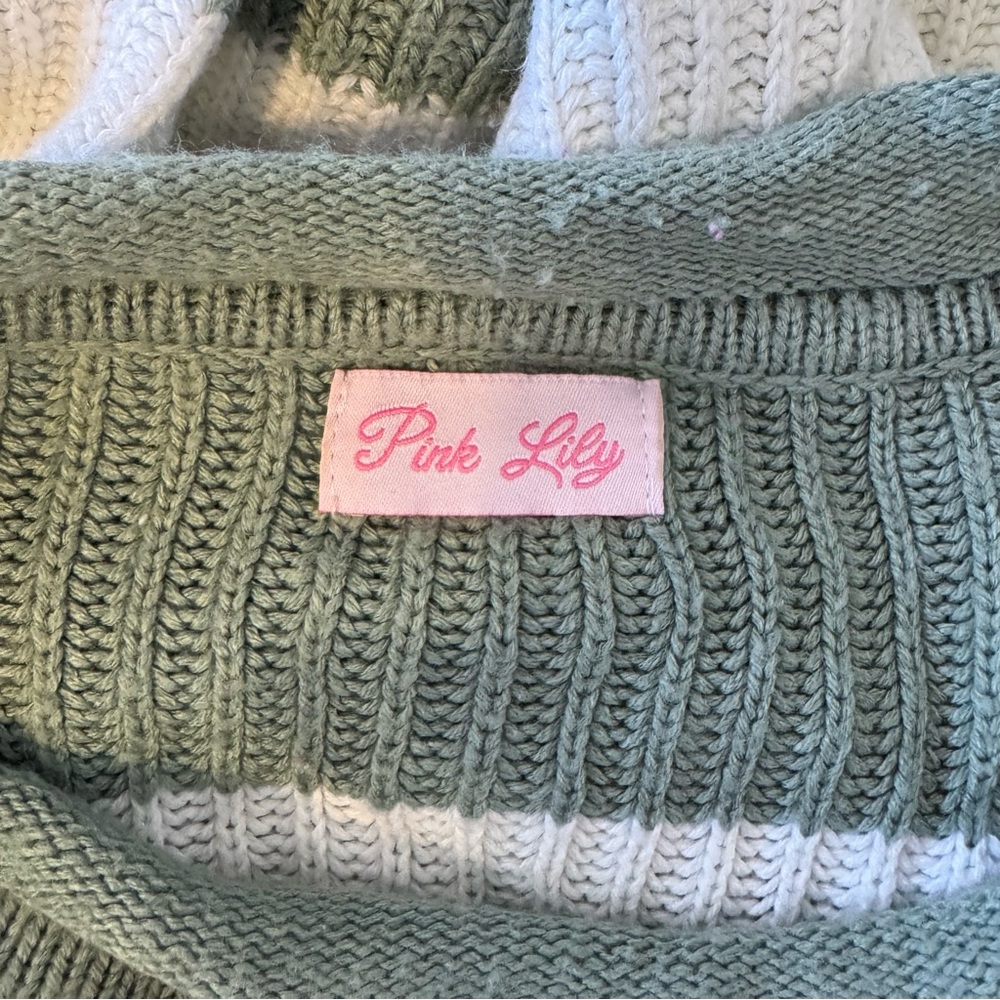 Pink Lily Striped Green and Cream Sweater - Picture 4 of 6